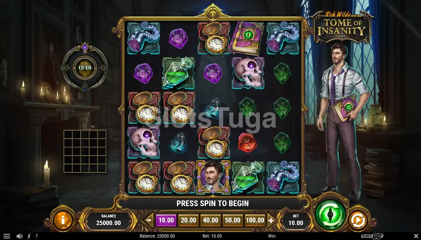Tela principal da slot Rich Wilde and the Tome of Insanity com grid 5x5 e Rich Wilde ao lado