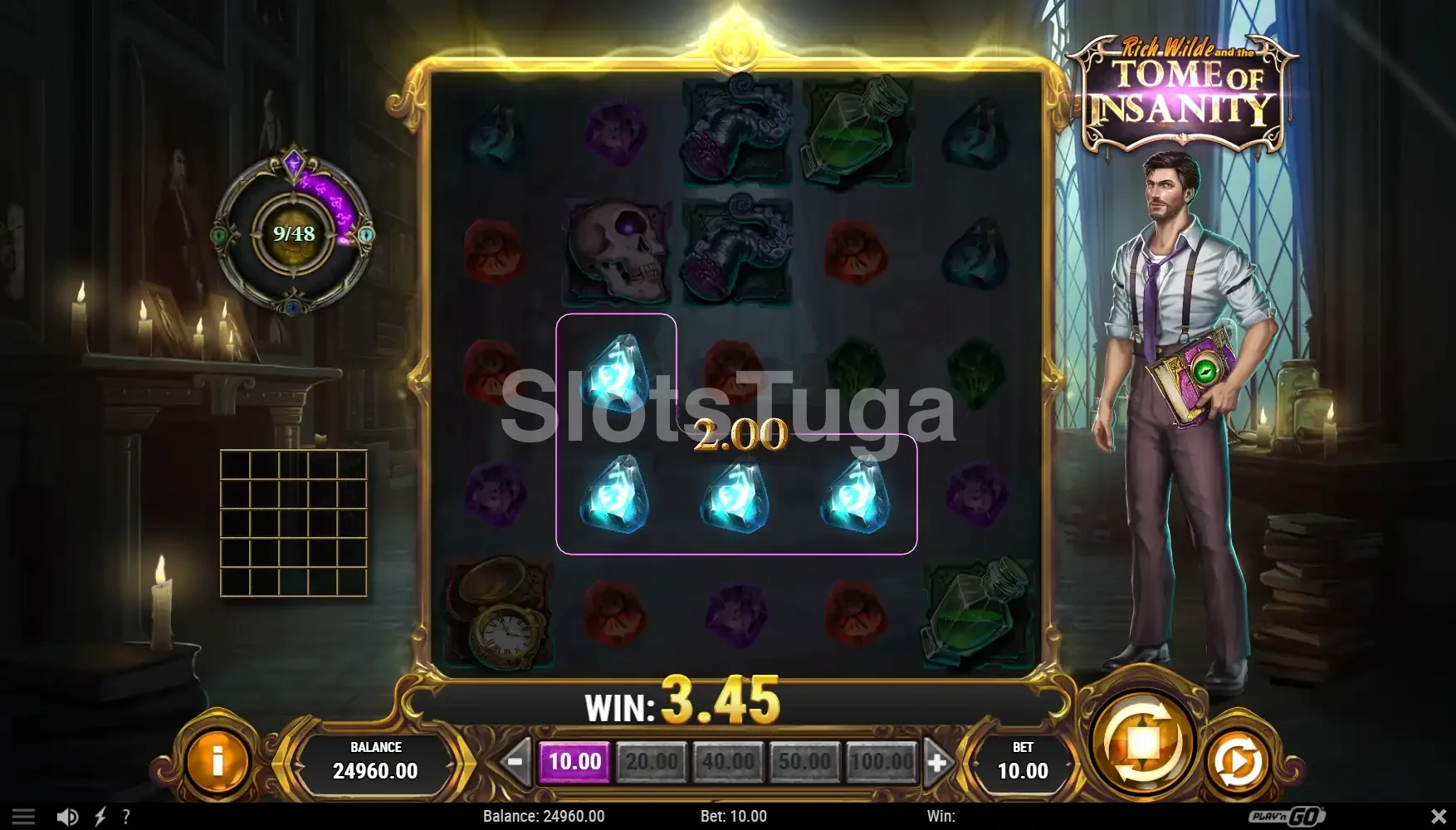 Resultado de spin com cascata ativa na slot Rich Wilde and the Tome of Insanity