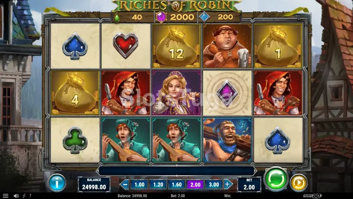 Tela principal do jogo Riches of Robin com os rolos ativos