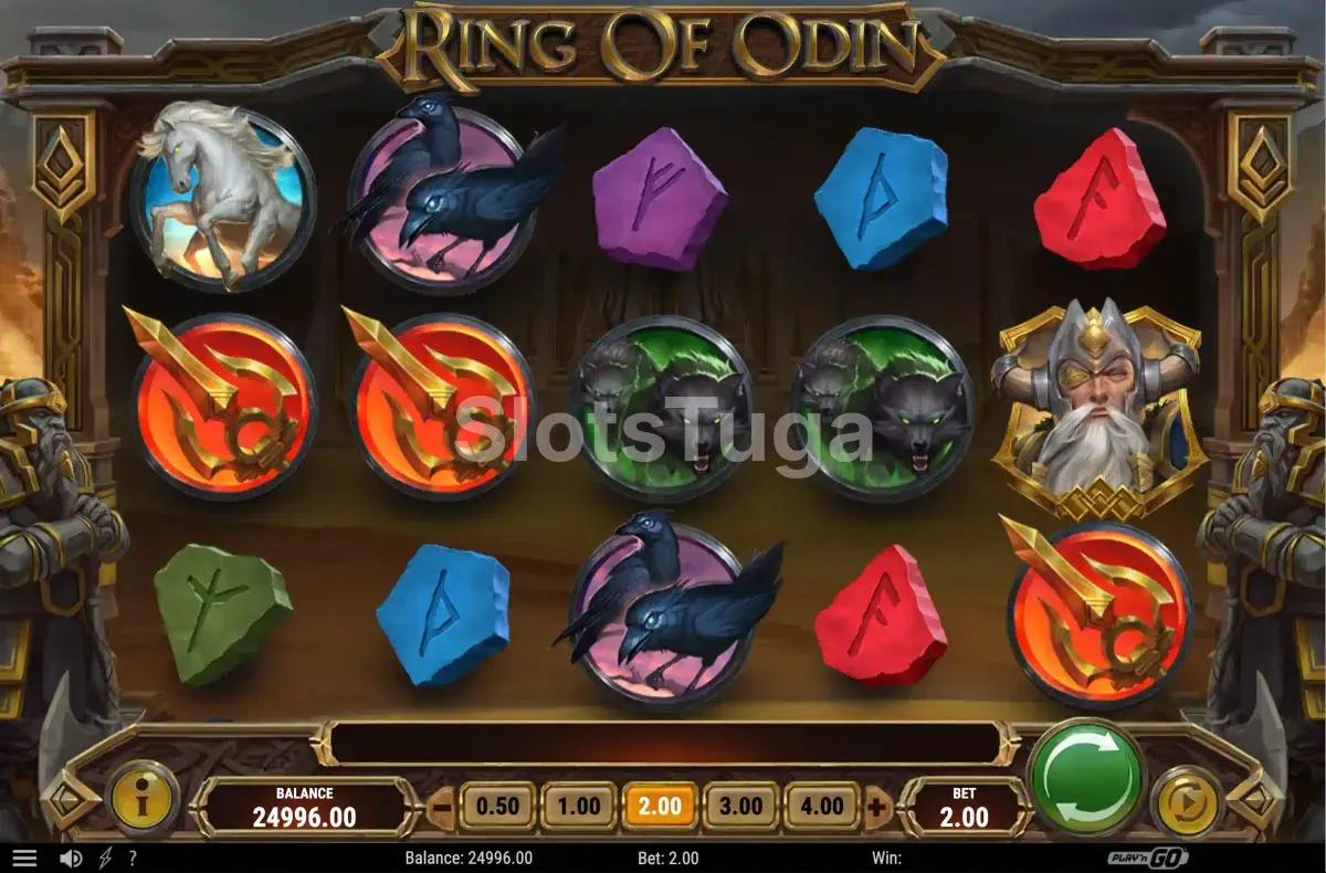 Visão geral do jogo base do Ring of Odin com símbolos nórdicos nos rolos