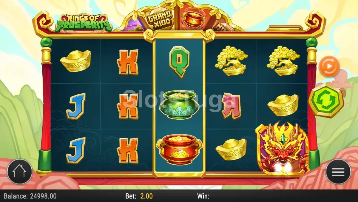 Tela inicial do jogo Rings of Prosperity com rolos e fundo oriental