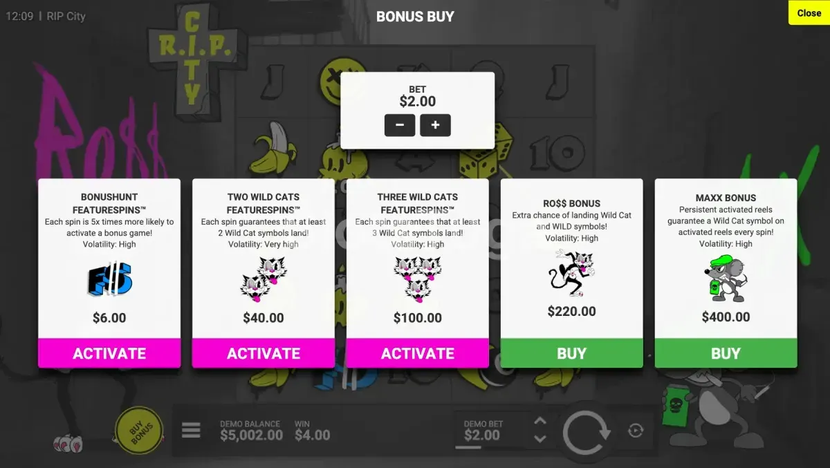 Menu de Bonus Buy do slot RIP City
