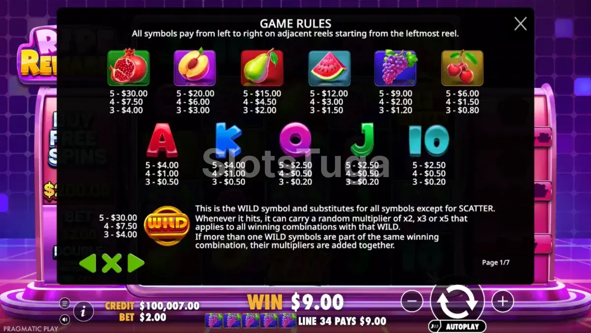 Tabela de pagamentos da slot Ripe Rewards Pragmatic Play