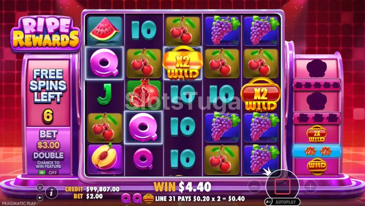 Rodada de giros grátis da slot Ripe Rewards com wilds grudadas