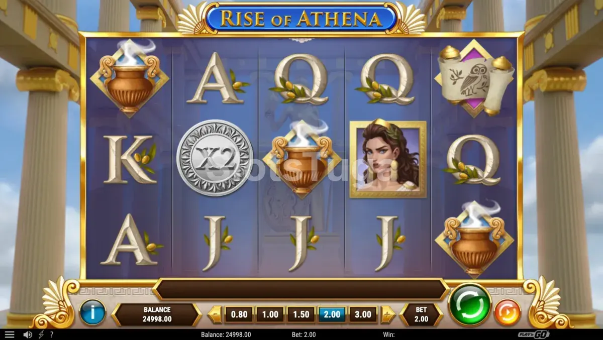 Tela principal do jogo Rise of Athena com os rouleaux e símbolos gregos
