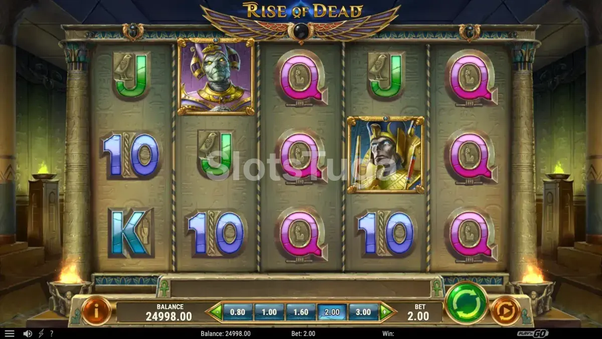 Tela principal do jogo Rise of Dead com os rouleaux e símbolos egípcios