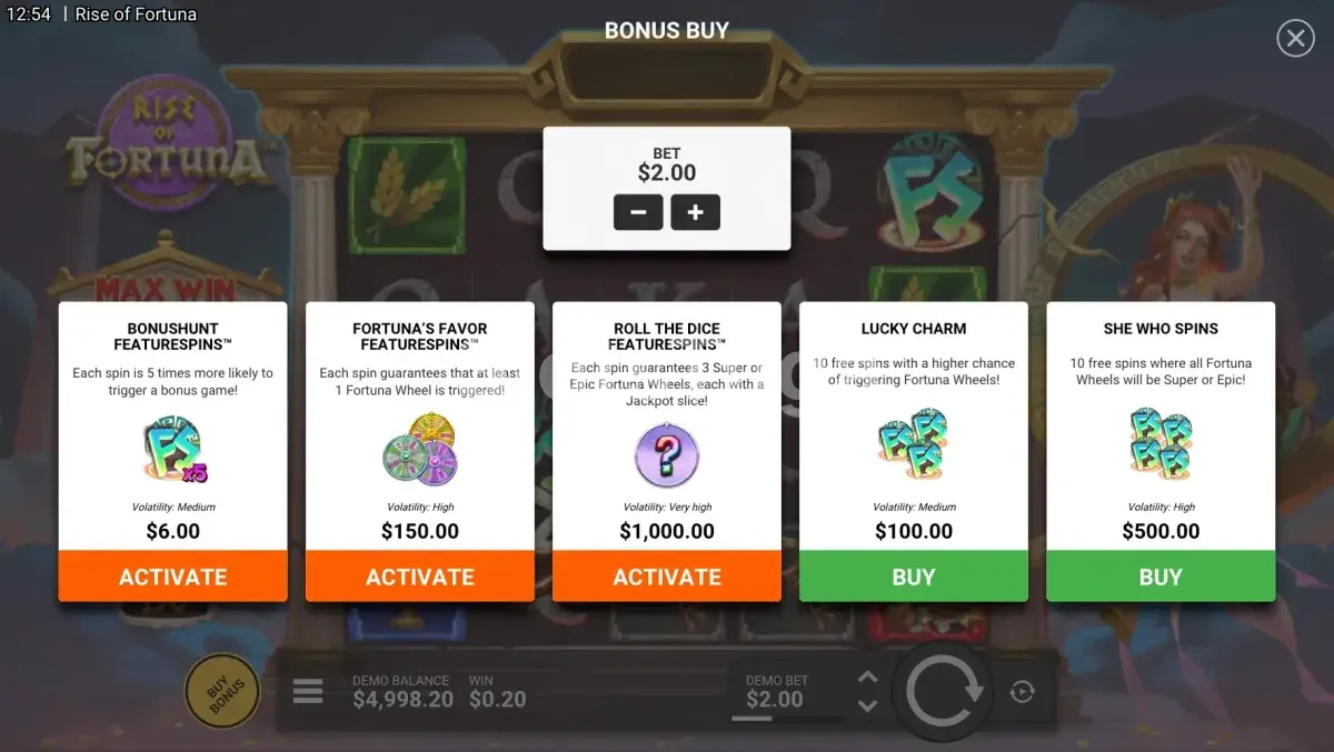 Tela de compra de bônus da slot Rise of Fortuna com as opções disponíveis