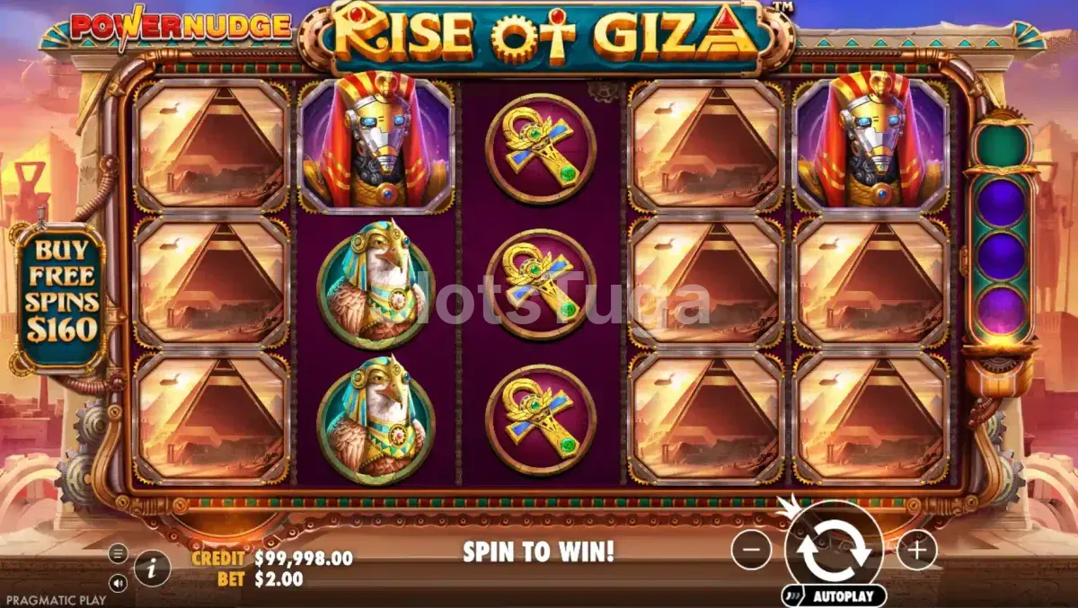 Jogo base da slot Rise of Giza Powernudge com tema egípcio futurista