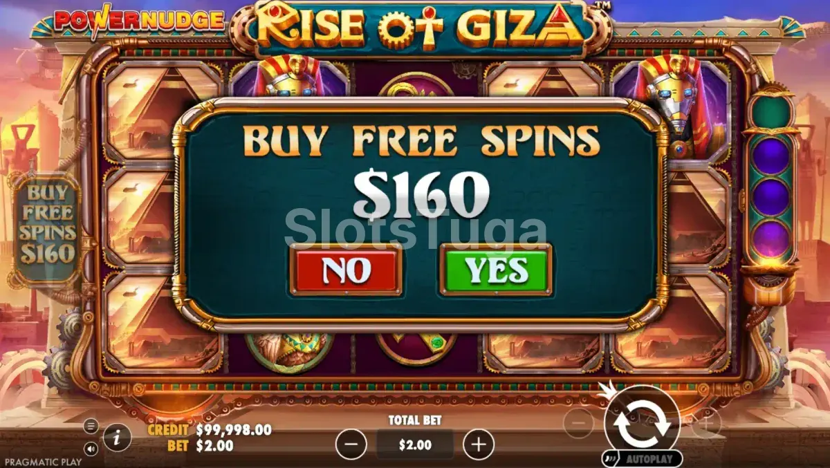 Tela de compra de bônus na slot Rise of Giza Powernudge