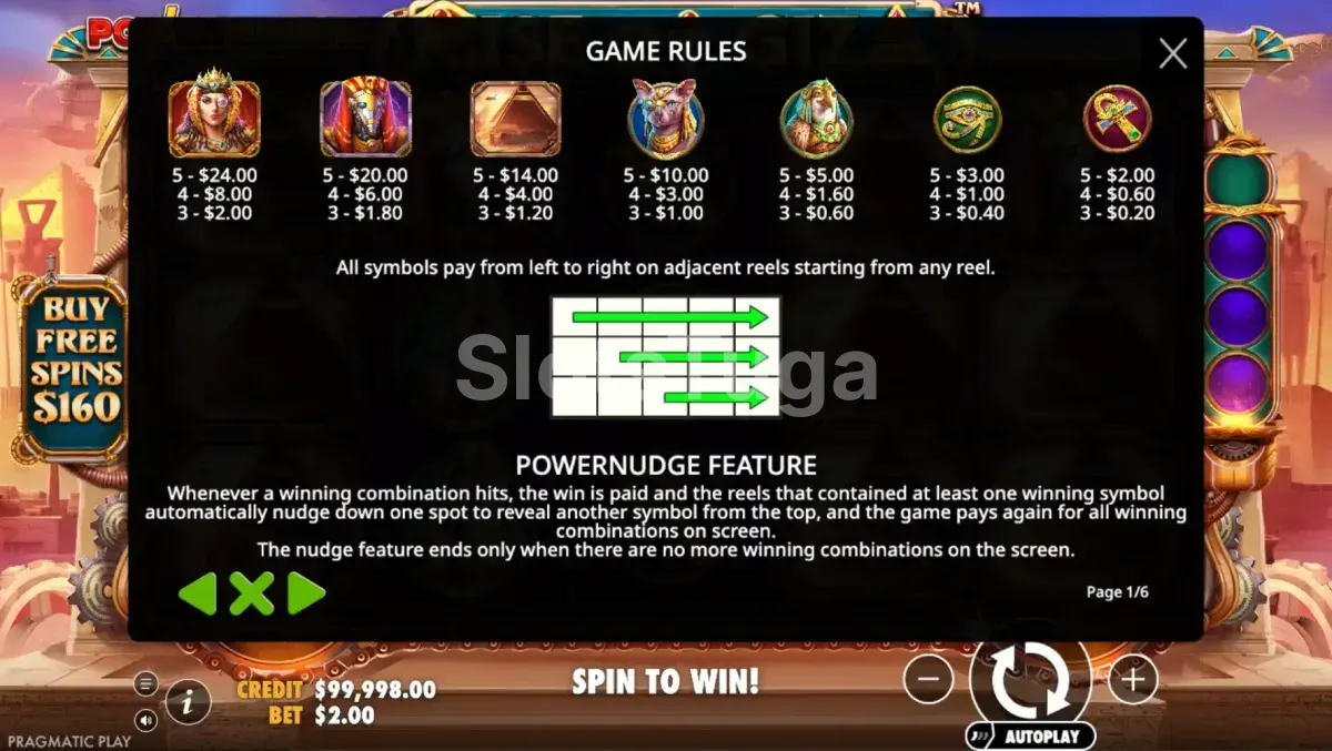 Tabela de pagamentos da Rise of Giza Powernudge com símbolos egípcios digitais