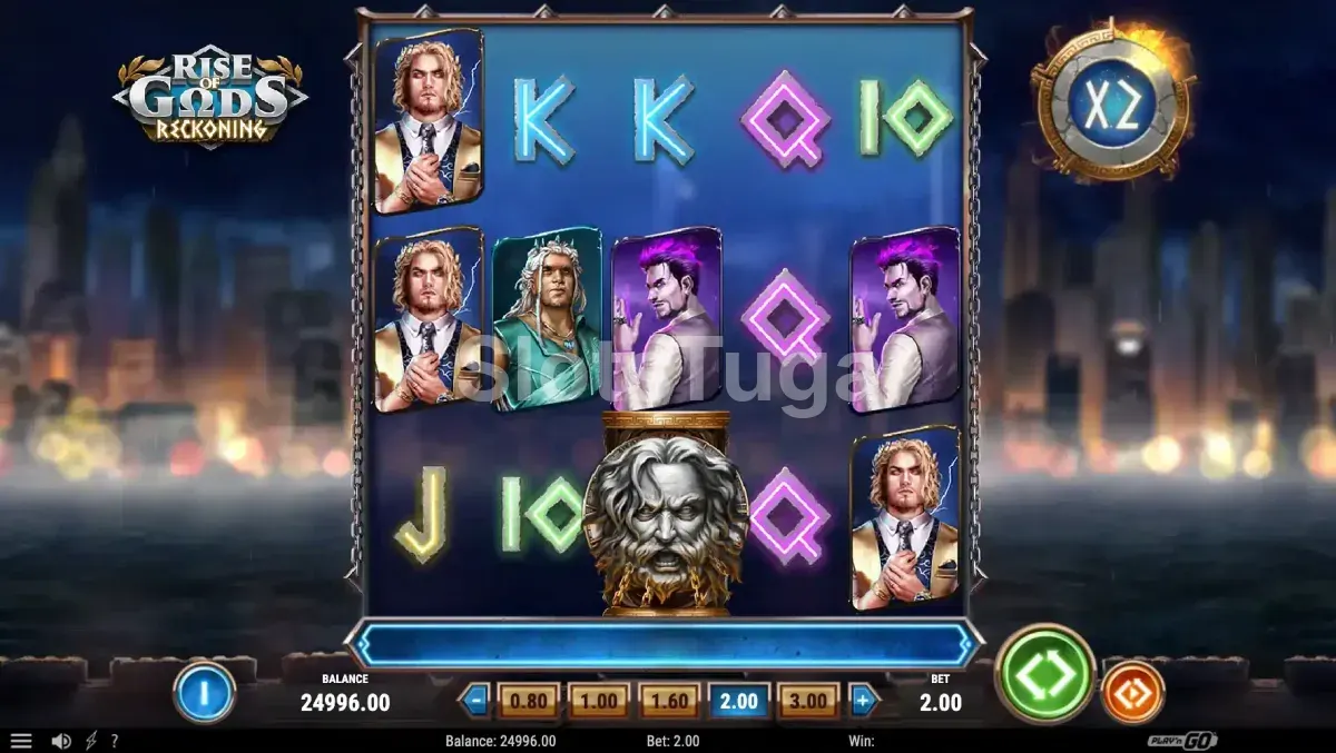 Segunda tela do jogo base da Rise of Gods Reckoning com símbolos dos deuses nos rolos