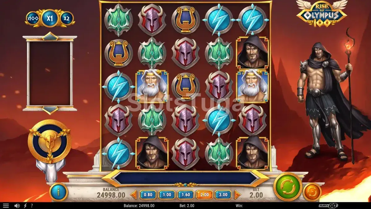 Tela principal da slot Rise of Olympus 100 com os três deuses gregos