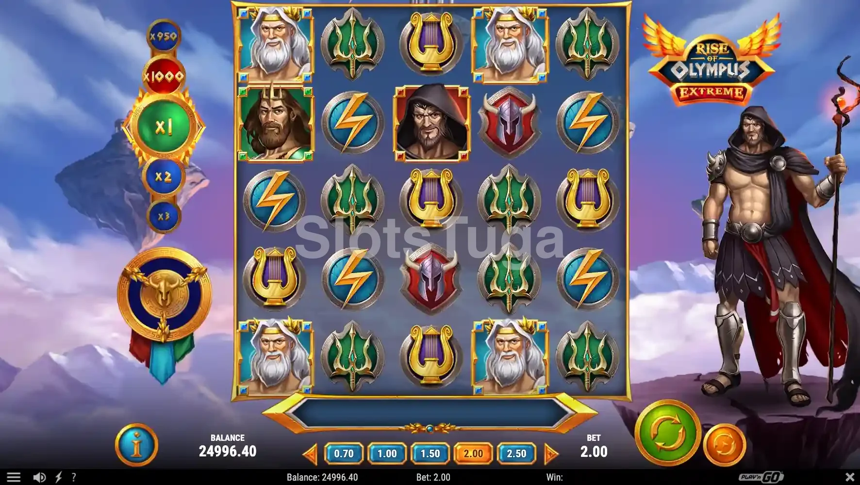 Tela principal da slot Rise of Olympus Extreme com os três deuses gregos