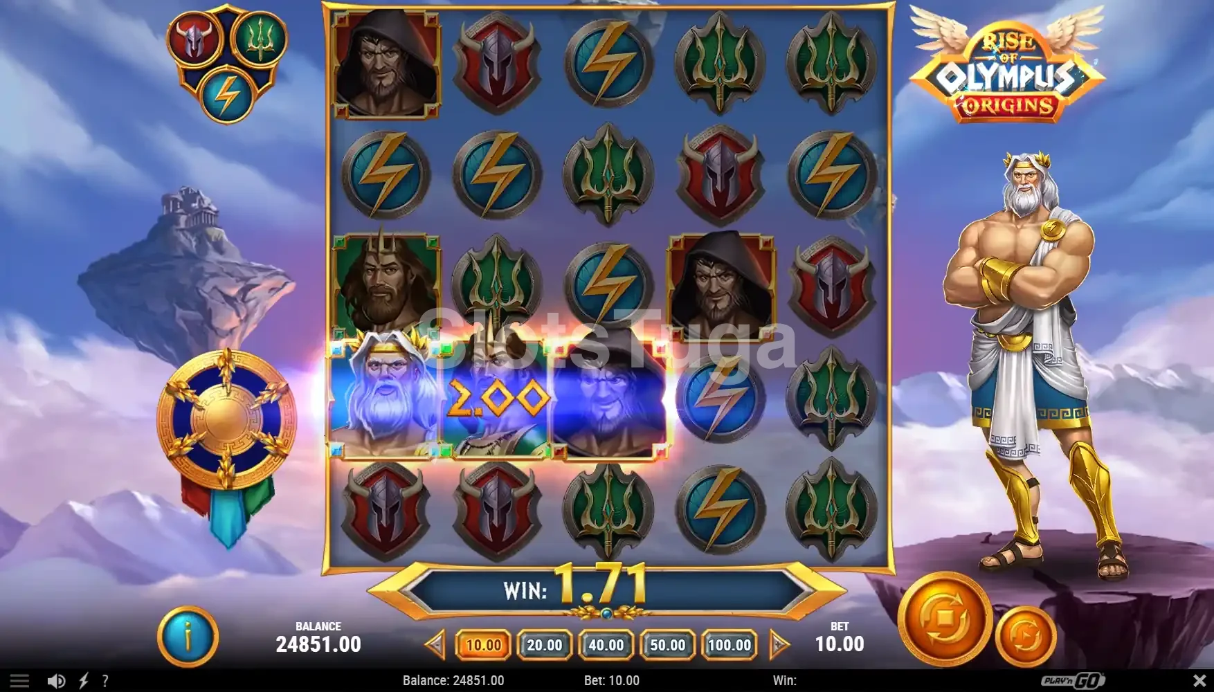 Resultado de spin na Rise of Olympus Origins mostrando cascata de vitórias
