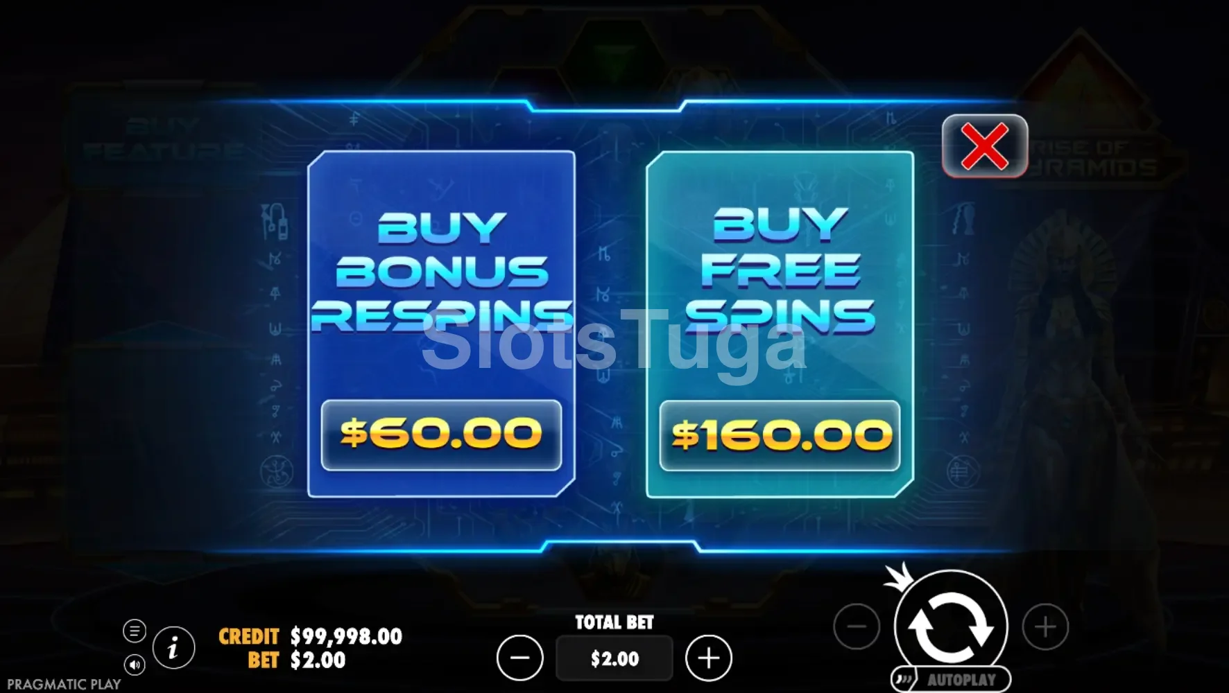 Menu de compra de bônus do Rise of Pyramids