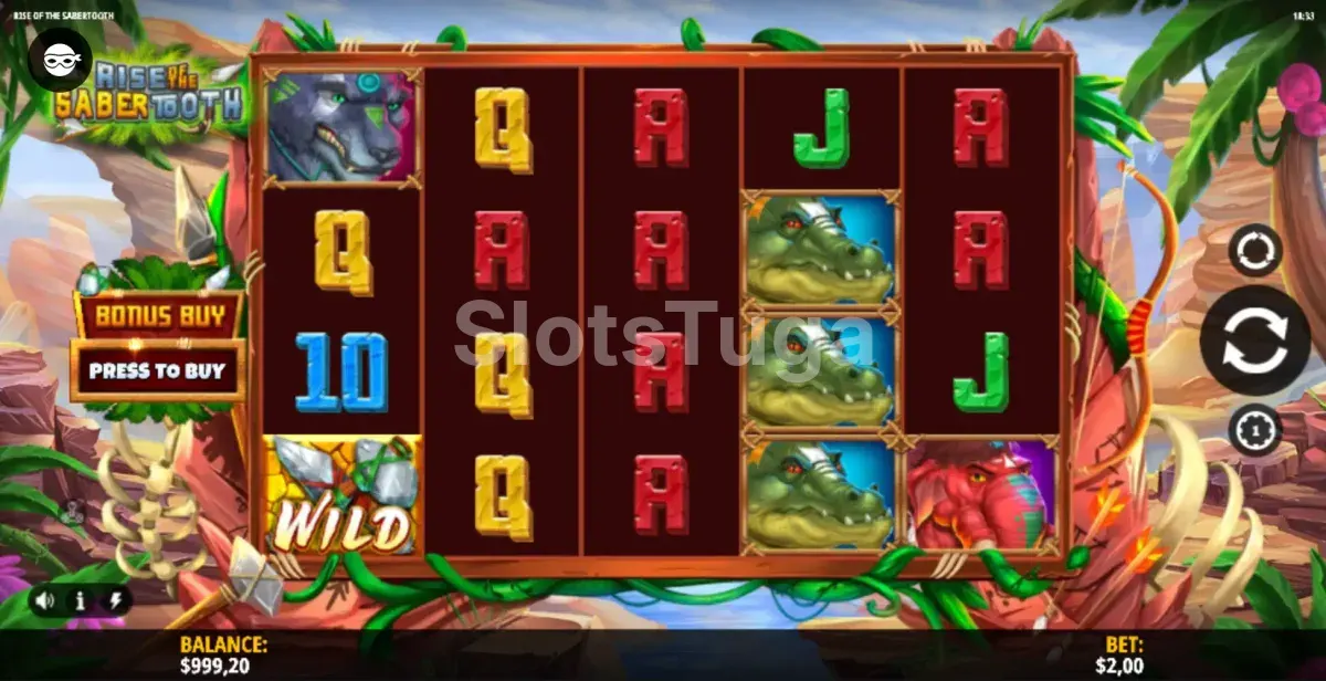 Tela principal do jogo Rise of the Sabertooth com os rouleaux cheios de símbolos pré-históricos