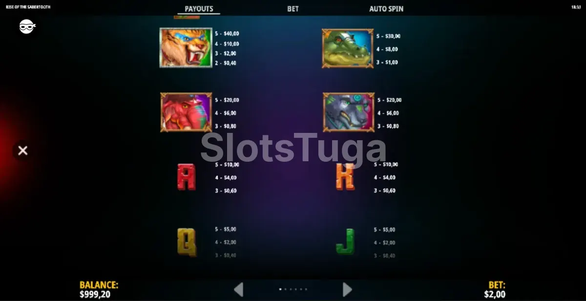 Tabela de pagamentos do Rise of the Sabertooth mostrando os valores de cada símbolo