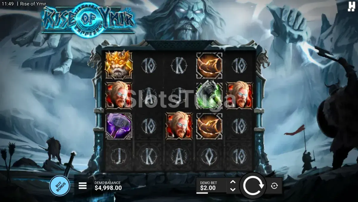 Rise of Ymir: grelha de cinco por quatro num campo de batalha nevado, com rostos de guerreiros e de gigantes, e a silhueta de Ymir a erguer-se entre relâmpagos por trás dos rolos.