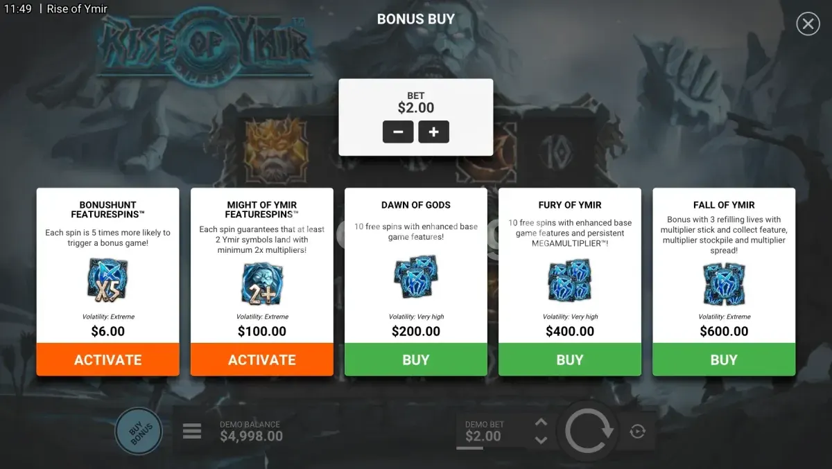 Menu de compra de bônus do Rise of Ymir com as 5 opções disponíveis