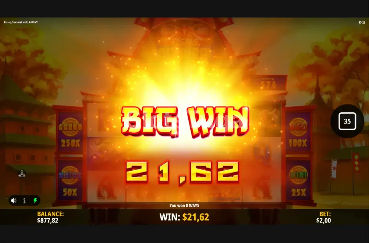 Tela de grande vitória na slot Rising Samurai Hold & Win mostrando o prêmio acumulado