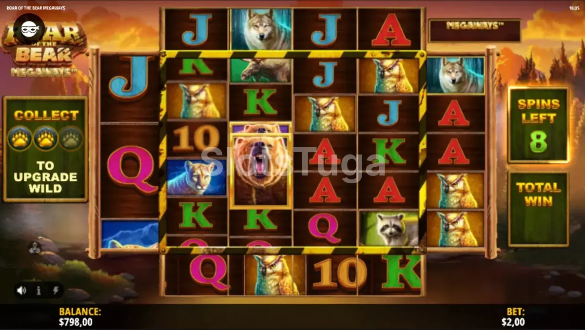 Rodadas grátis da Roar of the Bear Megaways com multiplicadores ativos nos rolos