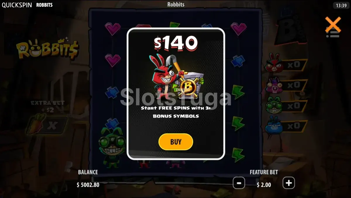 Opção de Bonus Buy no Robbits para acessar rodadas grátis