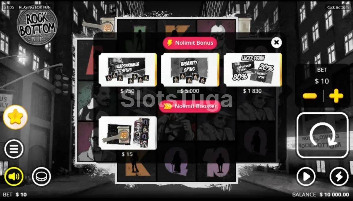 Tela de compra de bônus da Rock Bottom