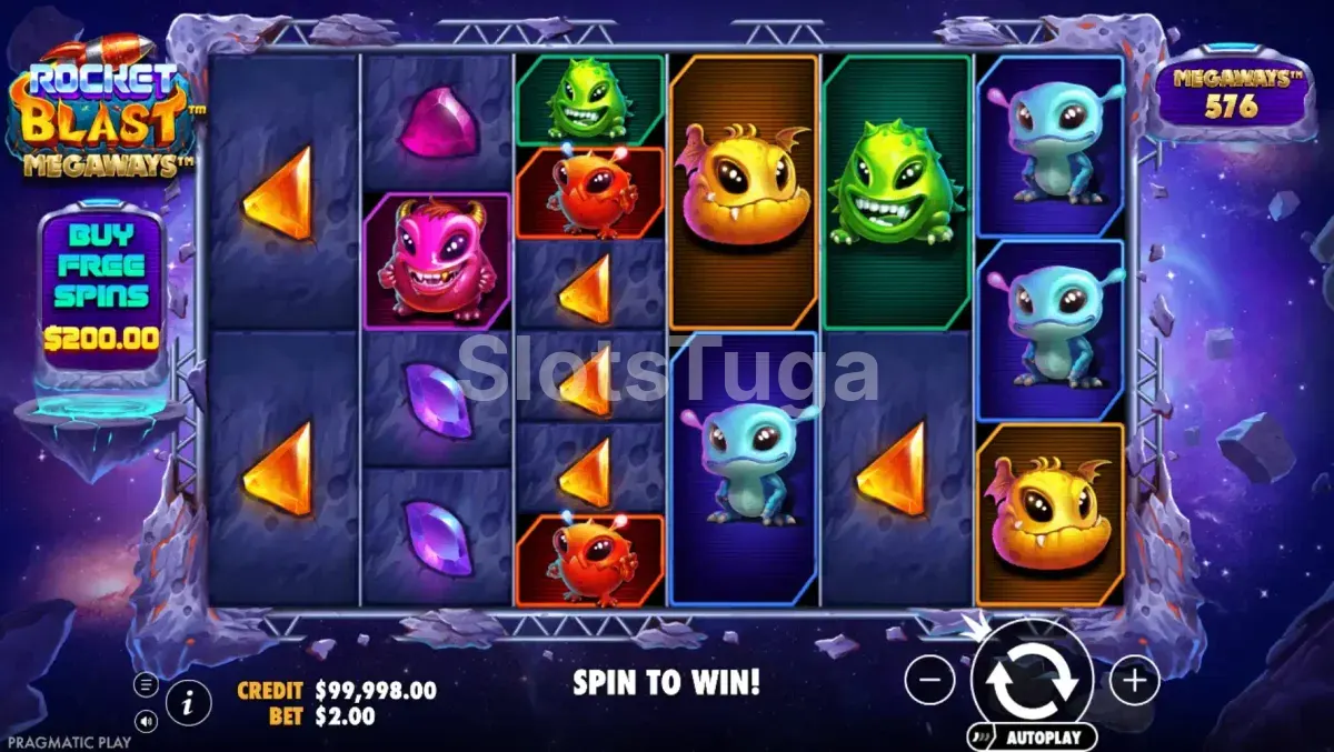 Jogo base da Rocket Blast Megaways com grid de 6 rolos e aliens coloridos