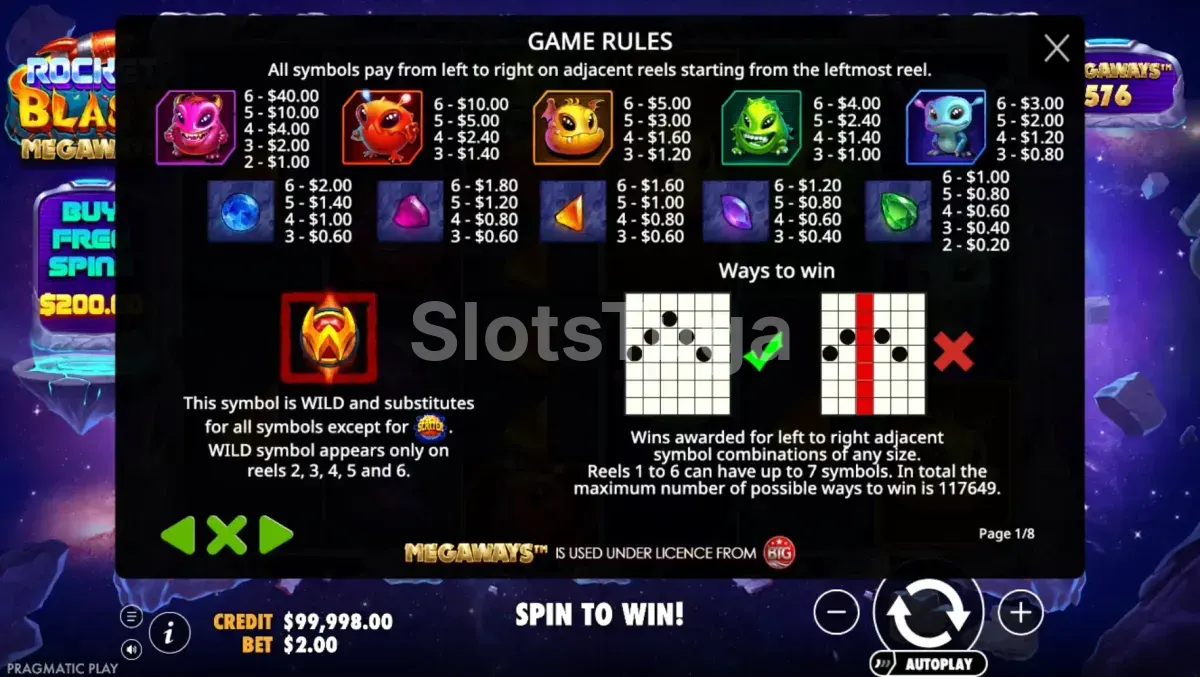 Tabela de pagamentos da Rocket Blast Megaways com símbolos aliens e gemas