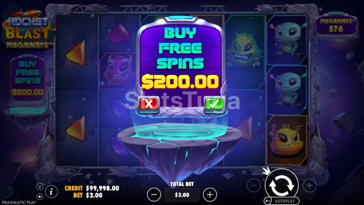 Tela de compra de bônus da Rocket Blast Megaways com opções de scatter