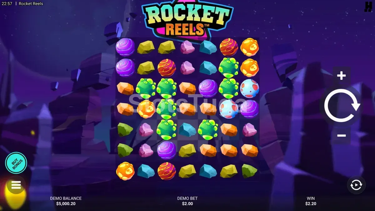 Jogo base da Rocket Reels com grade 7x7 e símbolos coloridos