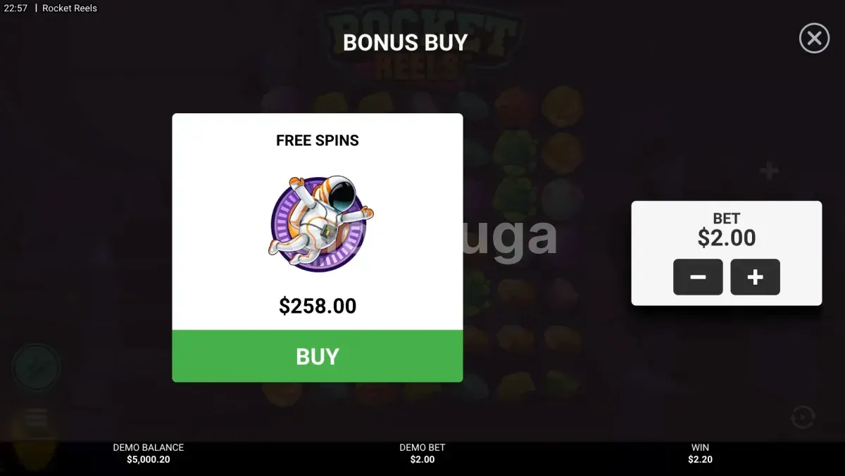 Tela de compra de bônus da Rocket Reels com as opções disponíveis