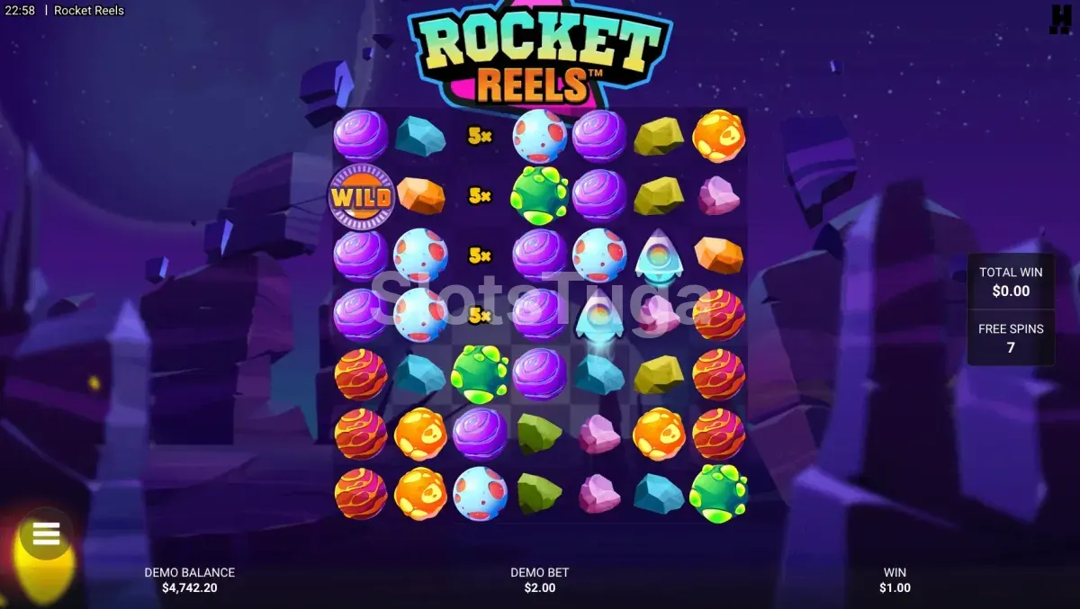 Rodadas grátis ativas na Rocket Reels com multiplicadores em ação