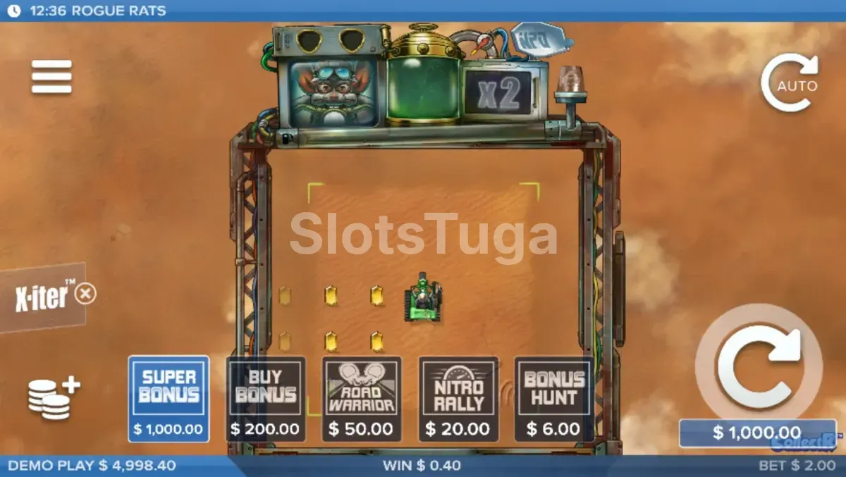 Menu de compra de bônus do Rogue Rats of Nitropolis com as opções do X-iter
