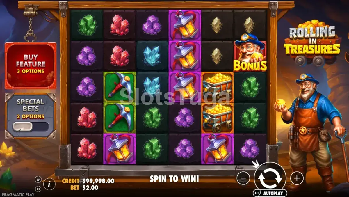 Jogo base da Rolling in Treasures com grade 6x5 e símbolos de mineração