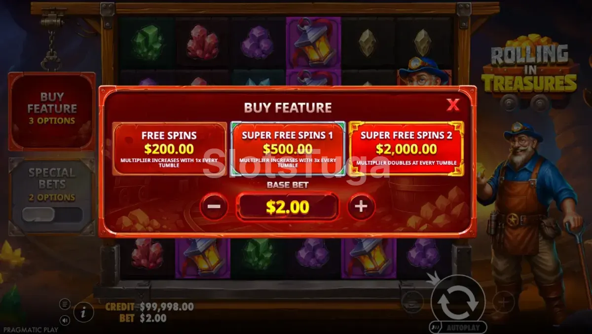 Menu de compra de bônus da Rolling in Treasures com três opções de Super Free Spins