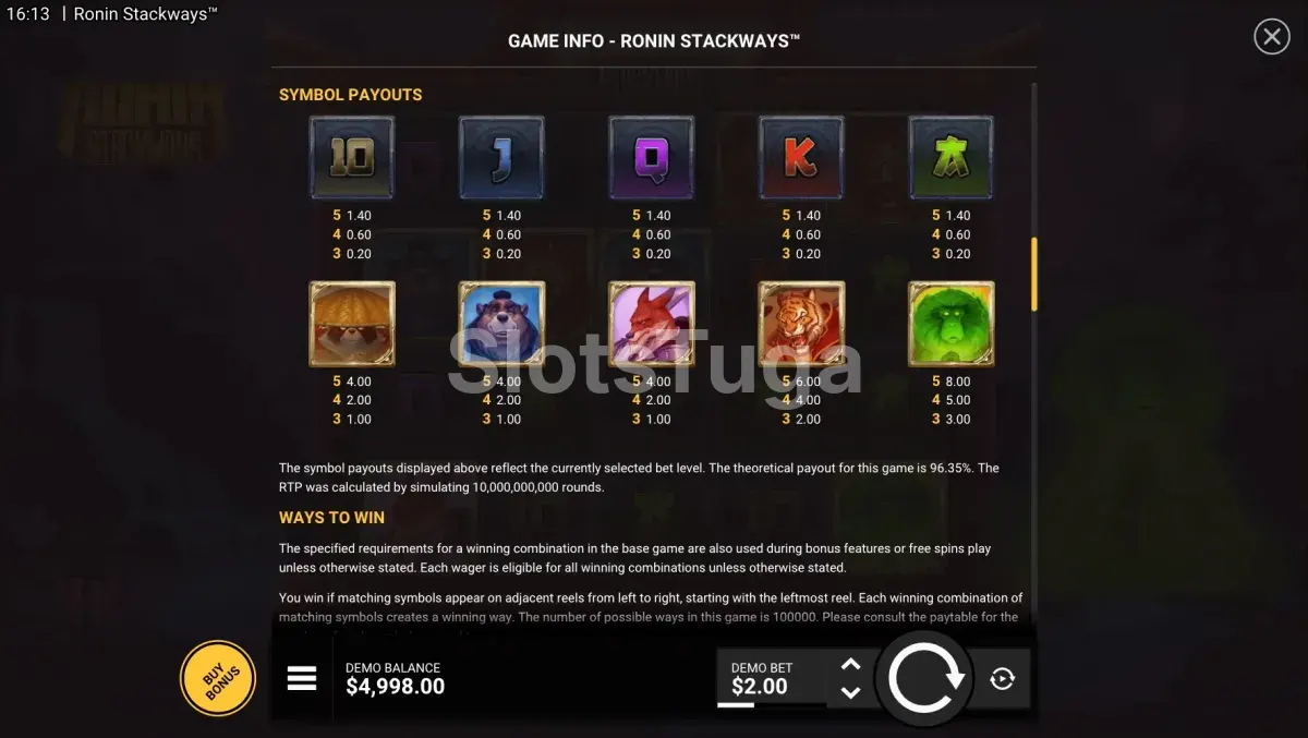 Tabela de pagamentos do Ronin StackWays