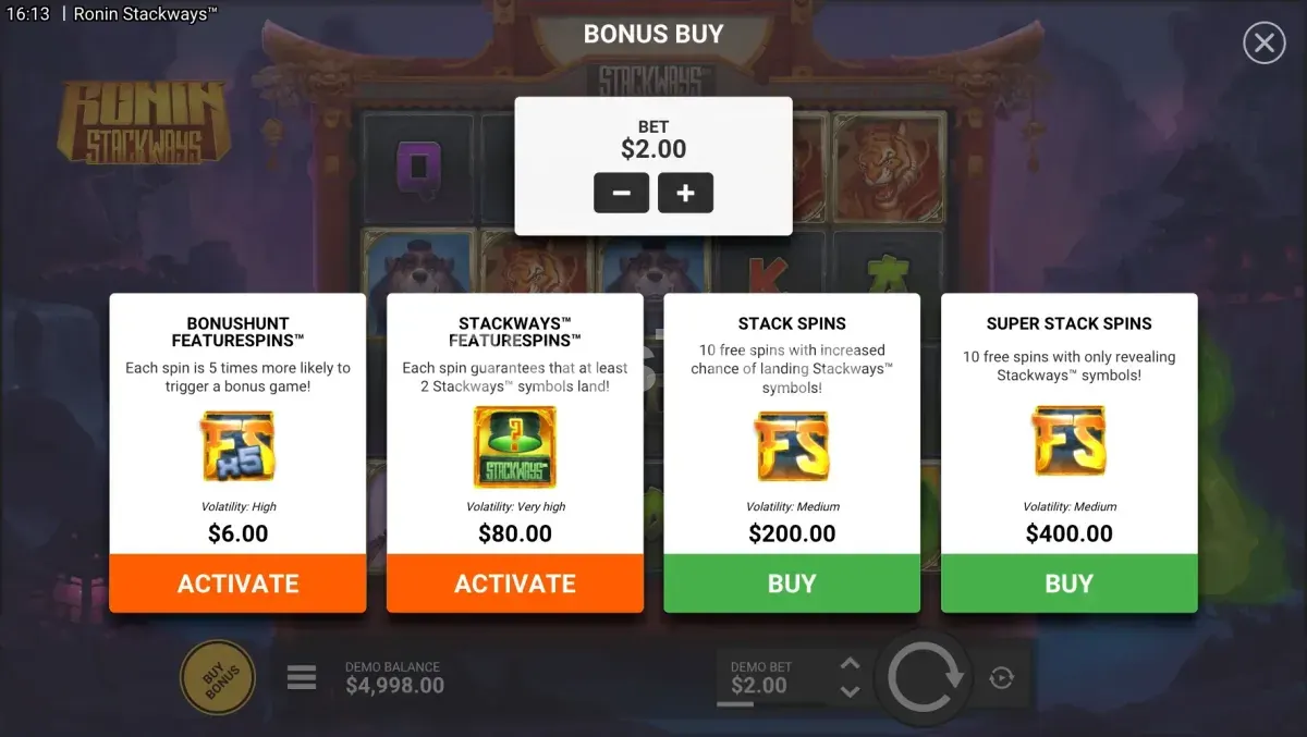 Menu de compra de bônus do Ronin StackWays