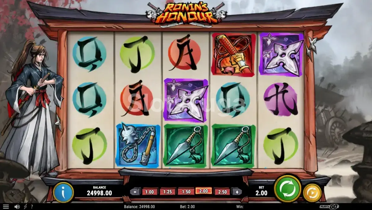 Tela principal do slot Ronin's Honour com a guerreira ronin ao lado do grid