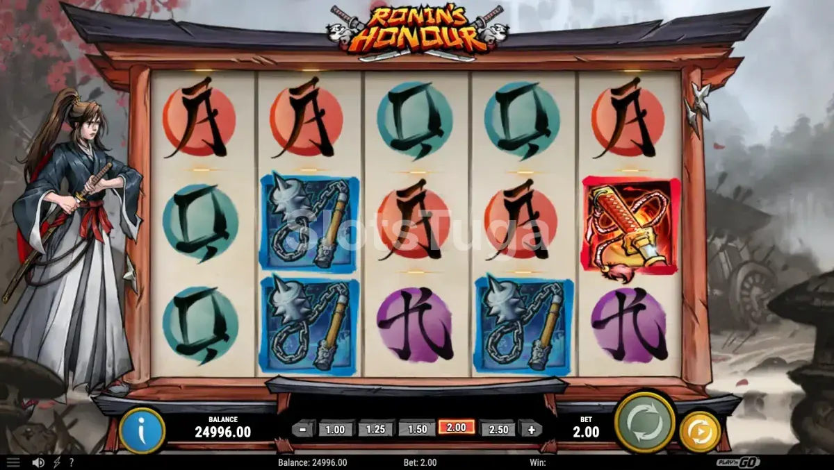 Battle Free Spins da Ronin's Honour com indicador de vidas das personagens