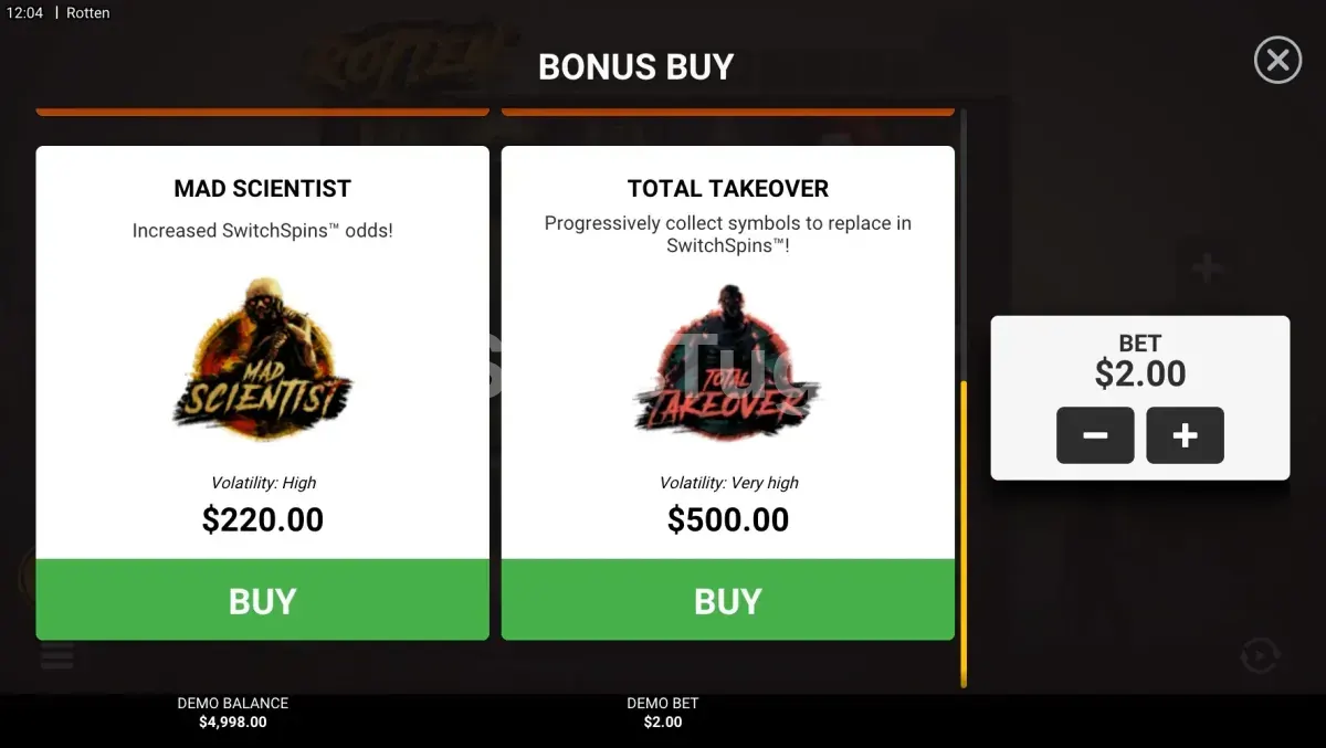 Menu de compra de bônus da slot Rotten da Hacksaw Gaming