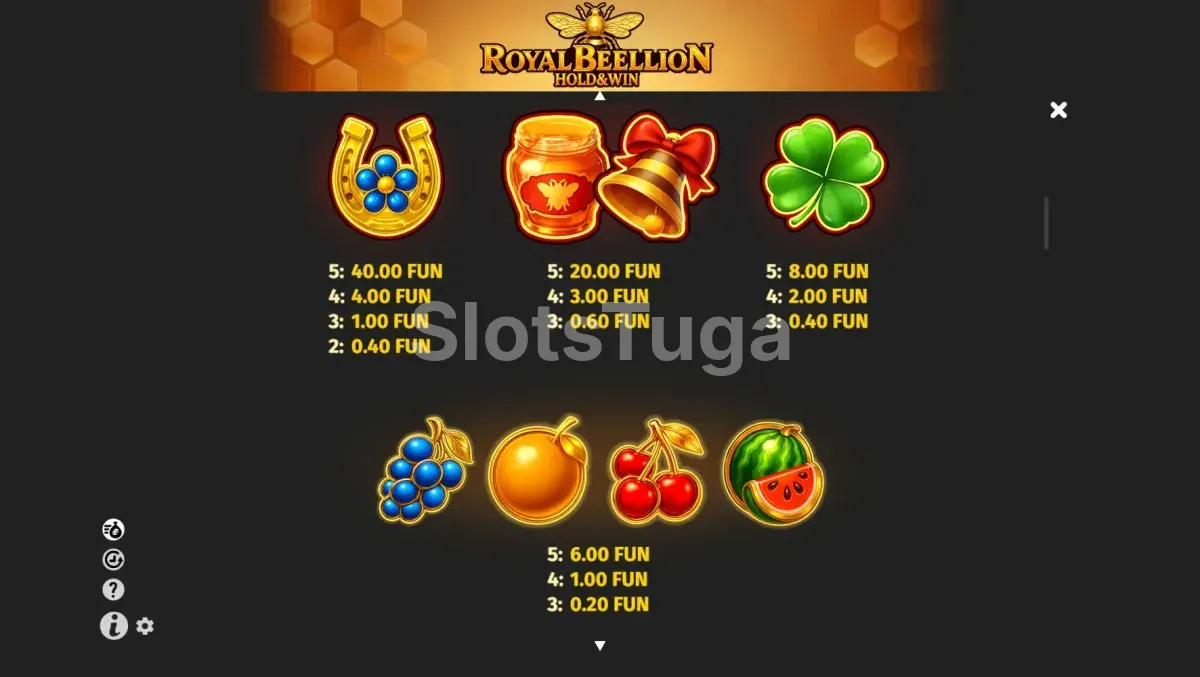 Tabela de pagamentos da Royal Beellion com multiplicadores