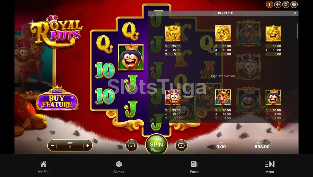 Tabela de pagamentos da Royal Nuts mostrando valores dos símbolos