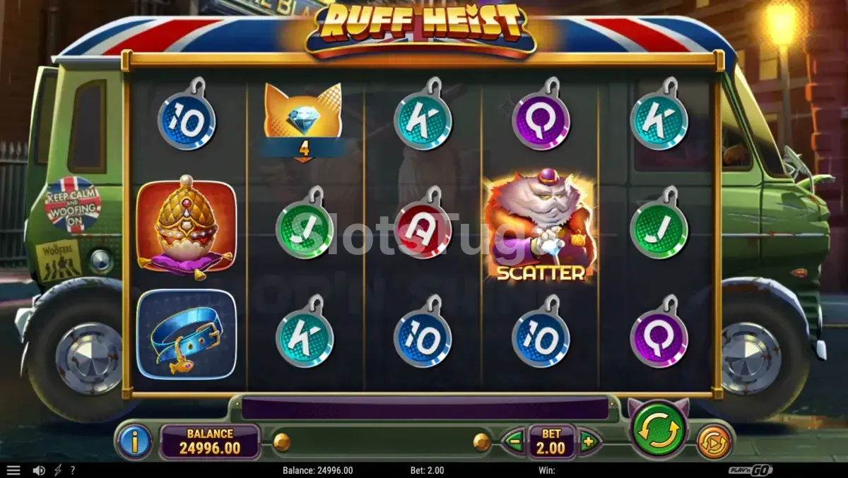 Tela inicial do jogo Ruff Heist com cachorros assaltantes na rua