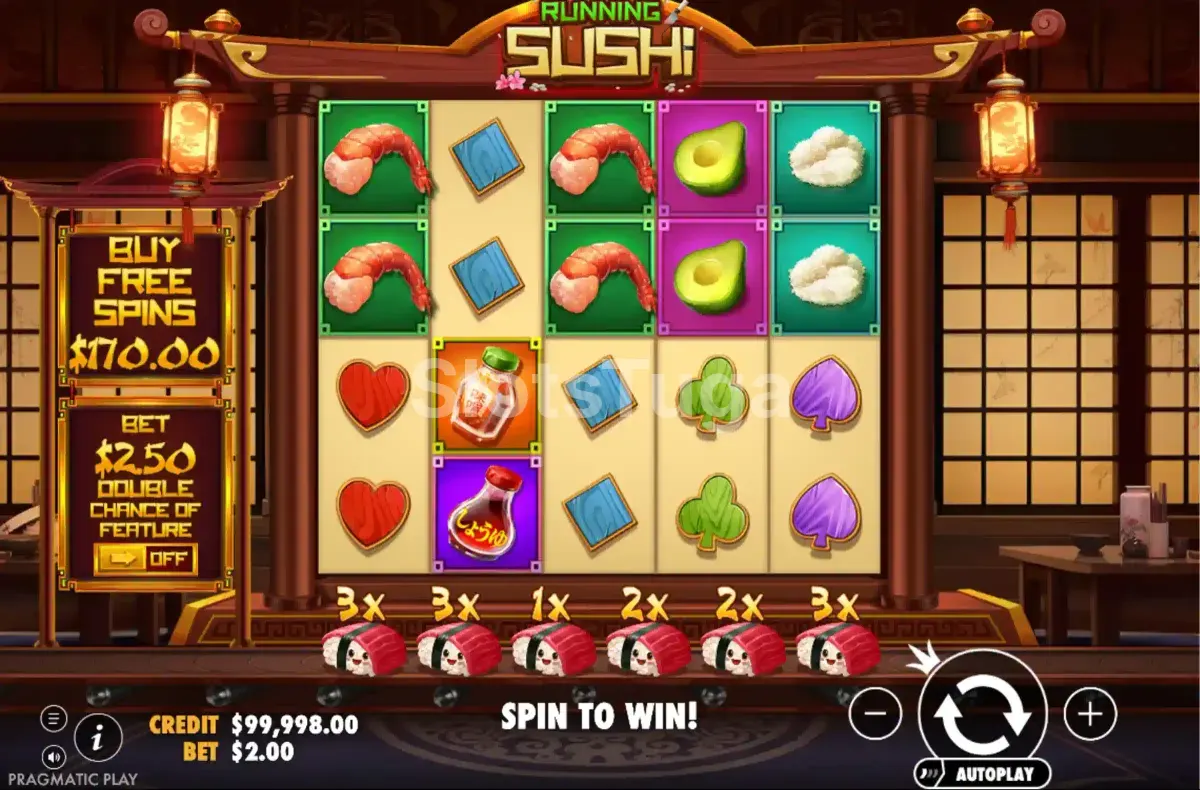 Tela principal do jogo Running Sushi com rouleaux e símbolos de comida japonesa