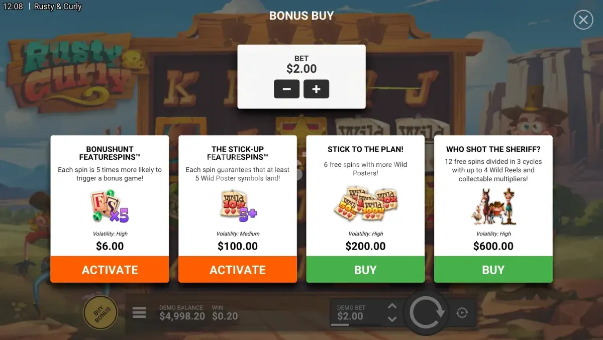 Menu de compra de bônus da Rusty & Curly com as opções disponíveis