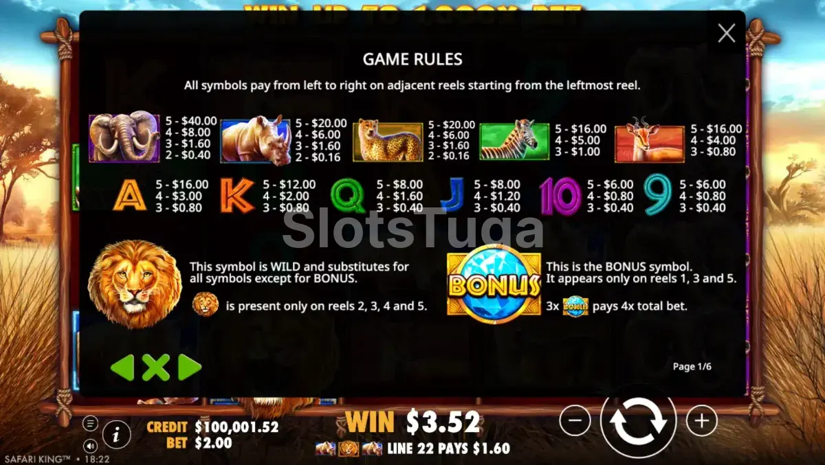 Tabela de pagamentos da slot Safari King com valores dos símbolos