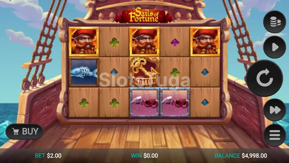 Tela principal do slot Sails of Fortune com o navio pirata