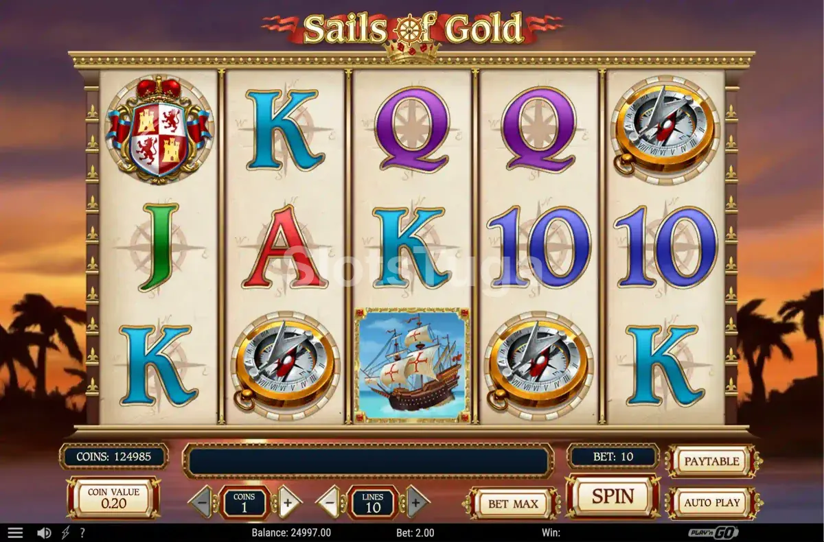 Tela principal do jogo Sails of Gold com os rouleaux e símbolos náuticos