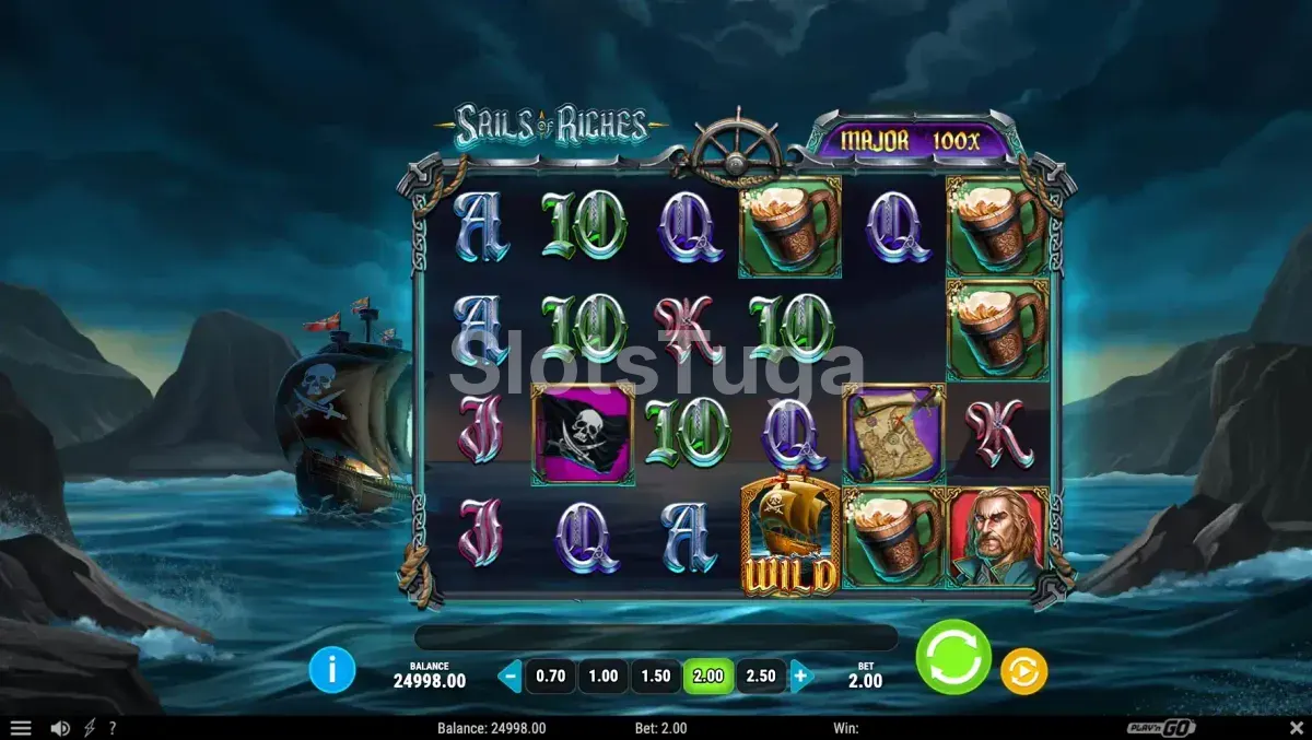 Tela principal do slot Sails of Riches com o navio pirata ao fundo